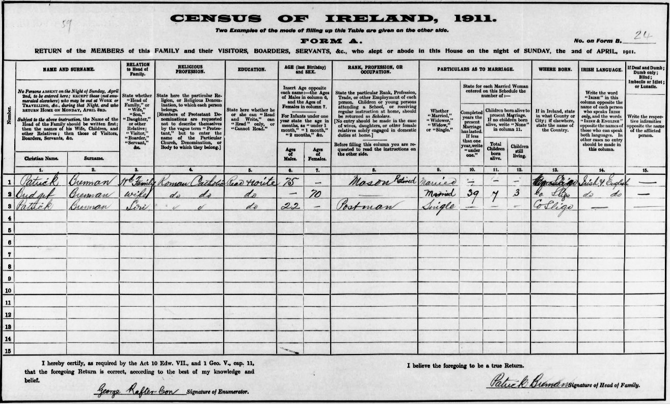 BRENNAN Patrick Dominic 1911 census.jpg